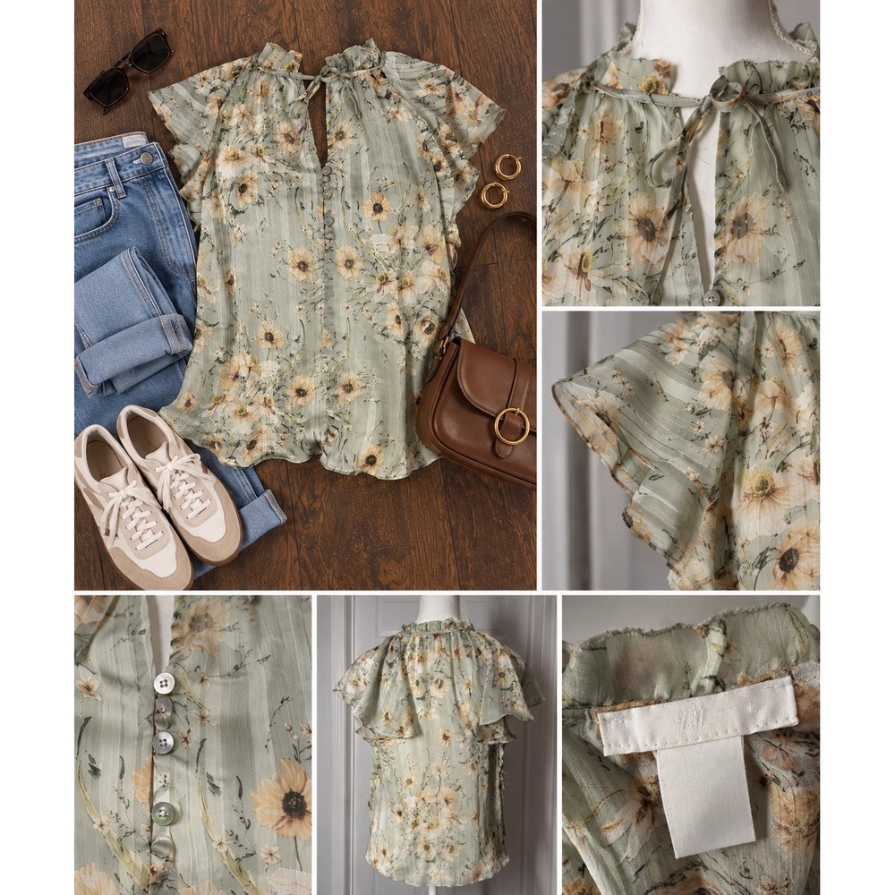 H&M Floral Ruffle Tie Neck Blouse 2 Sage Green Excellent Flutter Sleeve Top